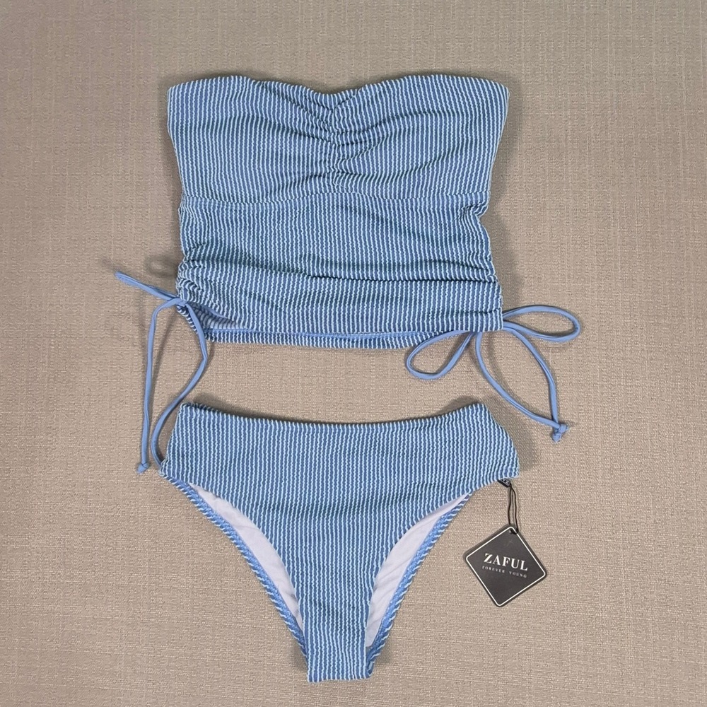Zaful Womens Blue White Strapless Tankini Tummy Control Swimsuit Set Size S NWT - Picture 3 of 8